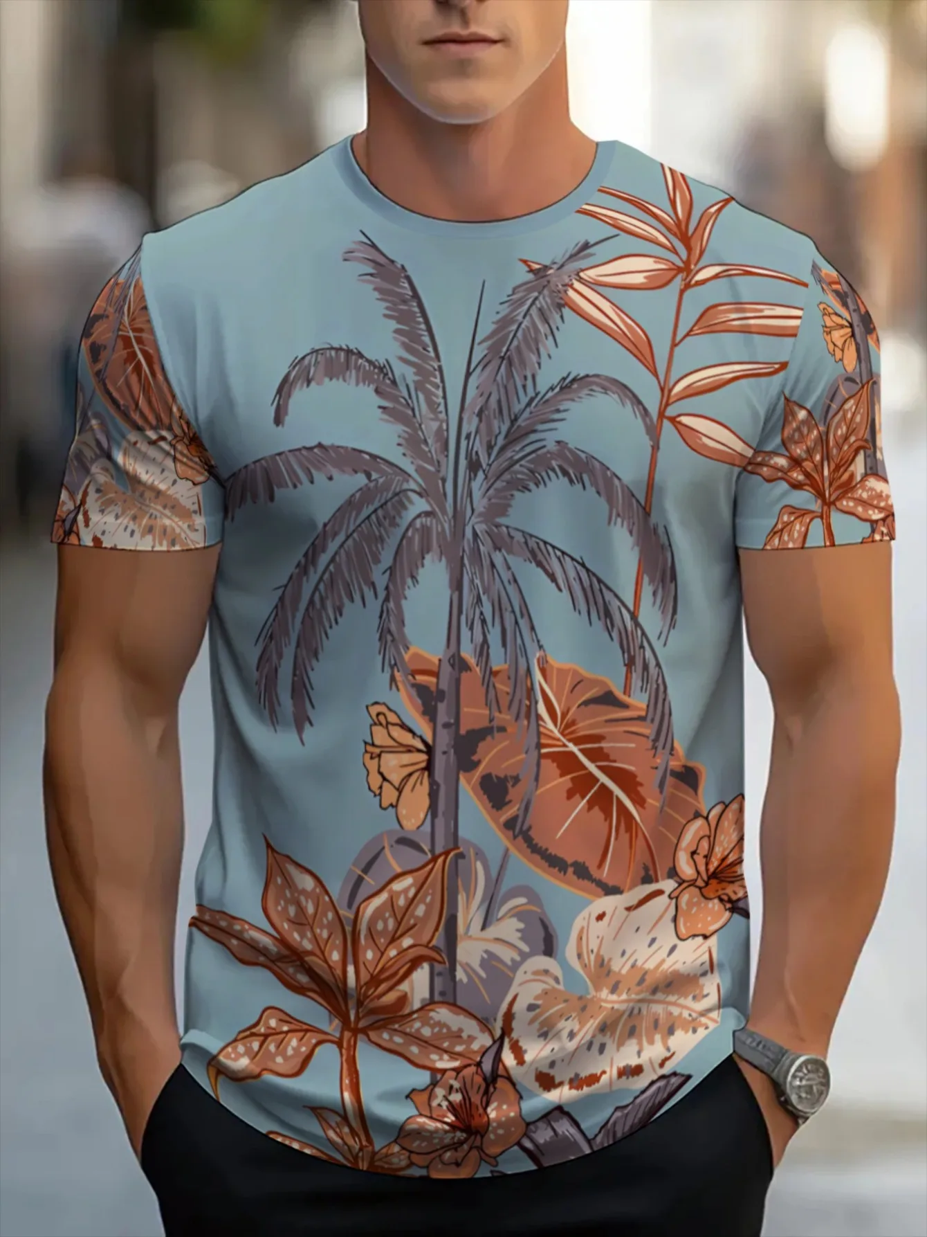 Men Light Blue Vintage Coconut Tree Tropical Leaf 3D Print Crew Neck T Shirt Summer Short Sleeve Casual Street Tee