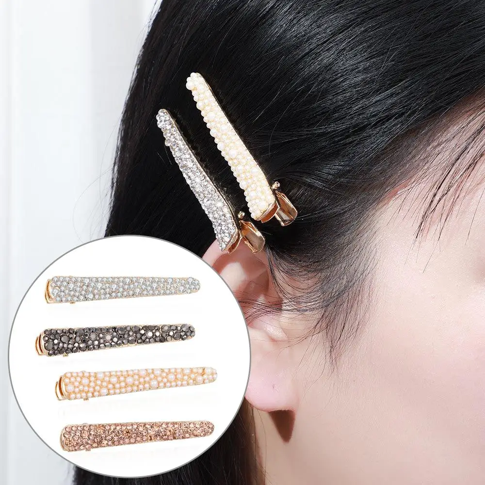 

Geometric Side Clips Rhinestone Beads Hair Clip Pearls Duckbill Clip Bling Crystal Hairpin Elegant DIY Durable Hair Accessories
