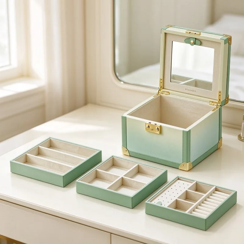 Leather Necklace Storage Box Luxury Earrings Collection Case with Mirror Ring Bracelet Organizer Boxes Women Gift Jewelry Cases