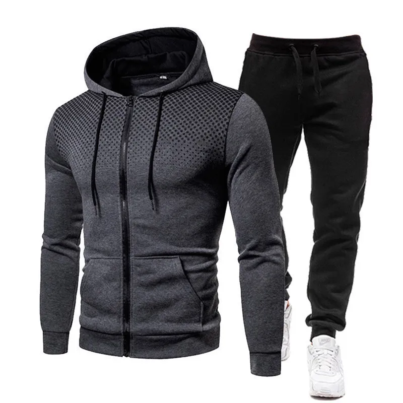 2023 Autumn/Winter New Dot Printed Zipper Hoodie Sports Set Men\'s Fashion Leisure Outdoor Fitness Running Leisure Two Piece Set