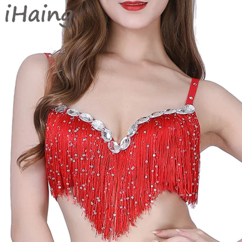 Soutien-gorge de brevdu Ventre à Paillettes Brillantes pour Femme, Costume de Scène, Push-Up, Strass, Tenues Rave, Club, ix, Festival, Vêtements