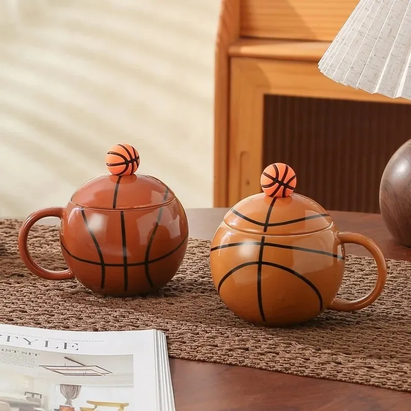 3D Basketball Coffee Mug with Lid Spoon Unique Sports Drinkware Gift Set for Basketball Fans Home Office Decor