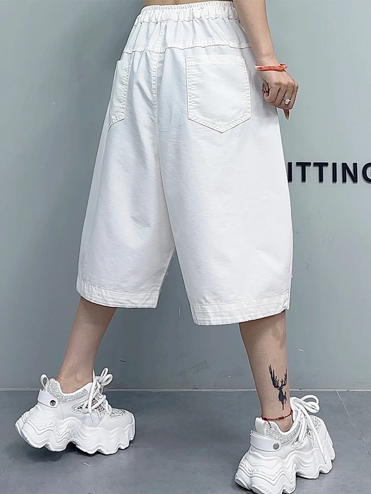 AmaxluluE Summer Fashion White Denim Shorts Womens Loose Vintage Jeans Ladies Casual Patchwork Pantalons Elastic Waist Trousers