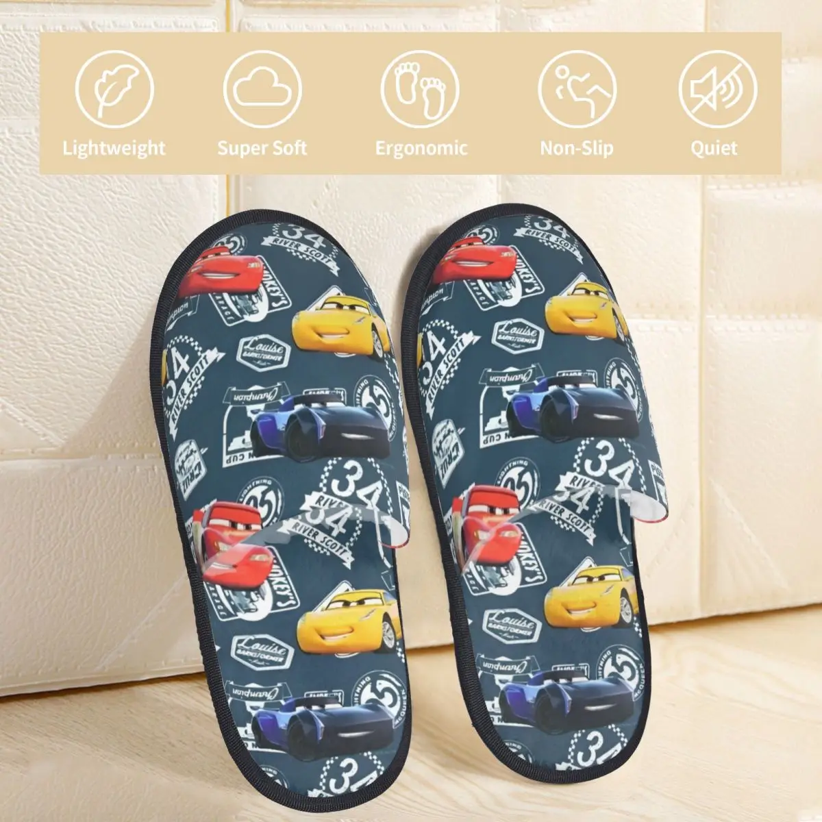 Lightning Mcqueen And Sally Car Winter Cotton Plush Slippers Living Room Cozy Memory Foam Slides Non-slip