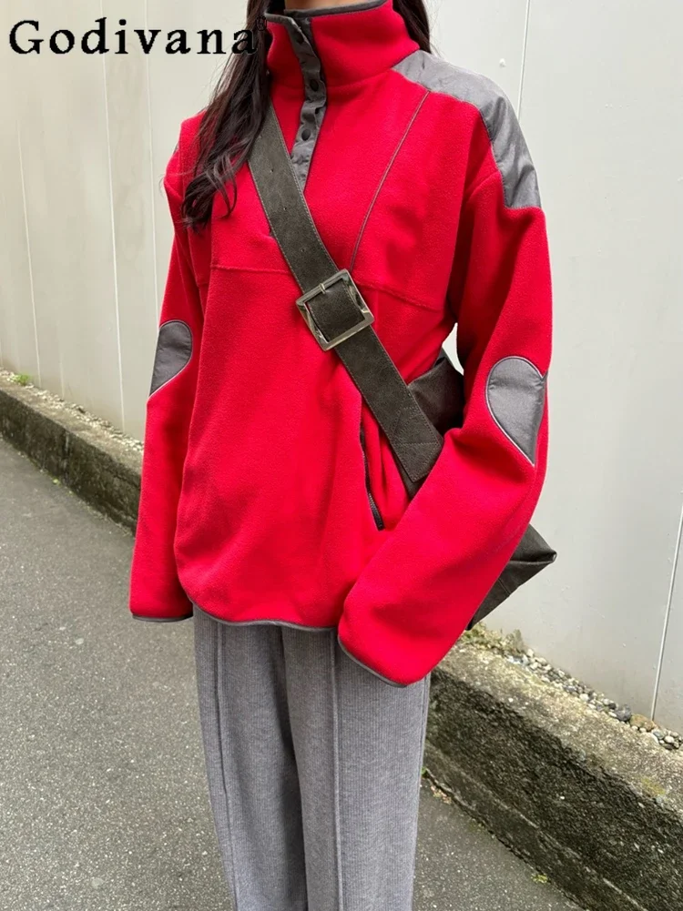 Japanese Contrasting Color Heart-shaped Embroidered Polar Fleece Hoodies Women's Spring and Autumn Stand-up Collar Loose Red Top