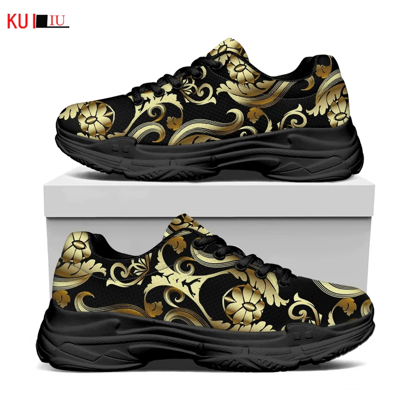 

KUILIU Fashion Golden Floral 2021 Autumn Track Women Shoes Casual Flat Platform Sneaker Increase Ladies Breathable Mesh Shoes