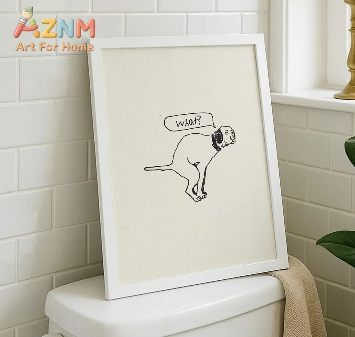 AZNM Frameless Canvas Wall Art Funny Dog Line Sketch Print With What Text Bubble Cartoon Animal Poster Bathroom Home Wall Decor