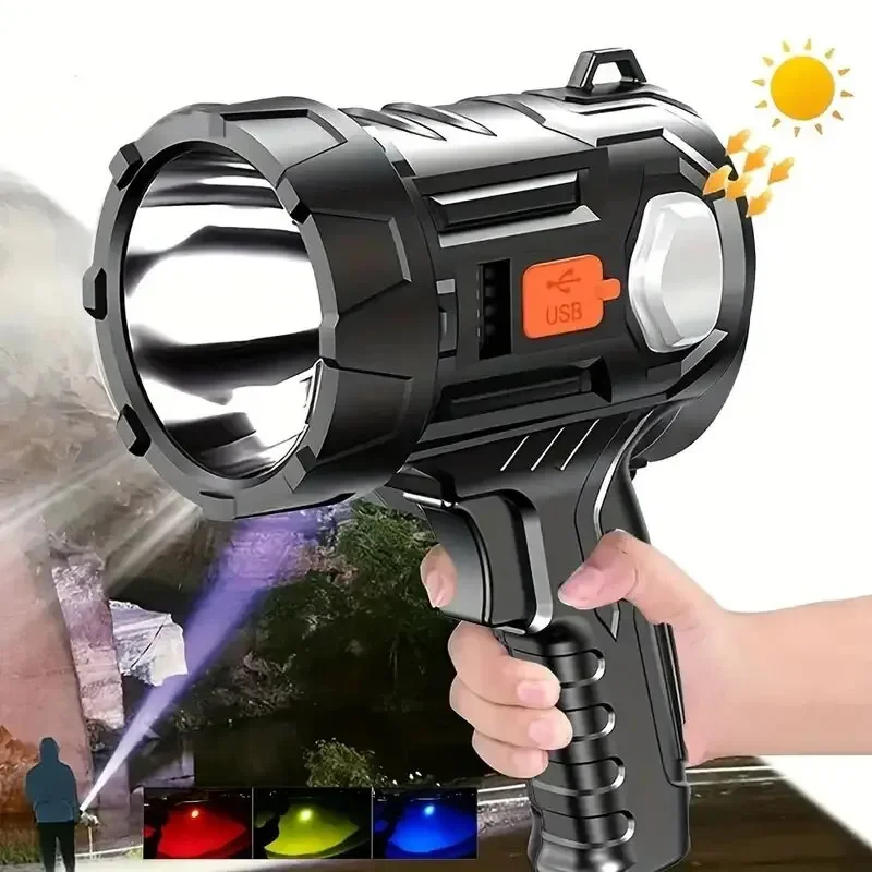 Powerful Solar LED Flashlight USB Rechargeable Lantern Built in Battery Camping Torch With 3-Color Filter Power Bank Function