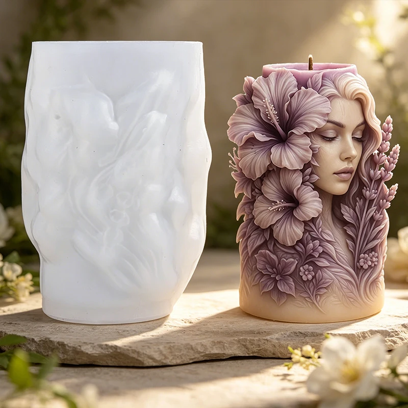 3D Hibiscus Flower Woman Goddess Candle Silicone Mold Human Figure Aroma Scented Candle Plaster Soap Craft Mold Home Decor