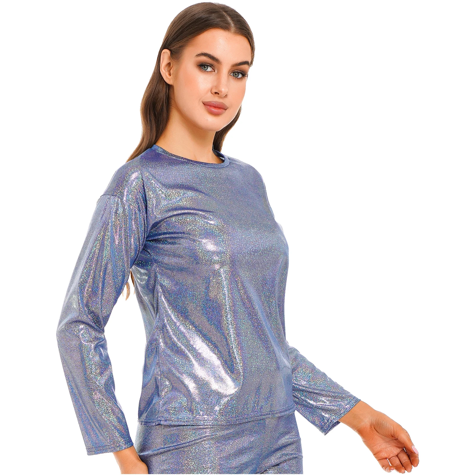 T-shirt lucida metallizzata femminile t-shirt da ballo Jazz top t-shirt girocollo moda donna top manica lunga Performance Party Costume