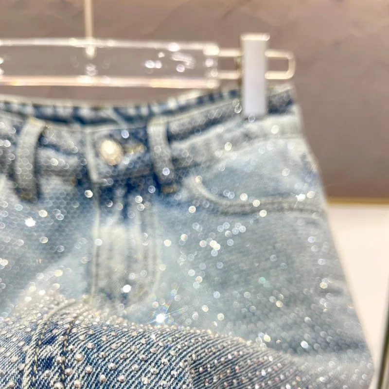 

2025 Summer Fall Rhinestone Denim Skirt for Women, Slim A-Line with Built-in Lining, Casual & Versatile.