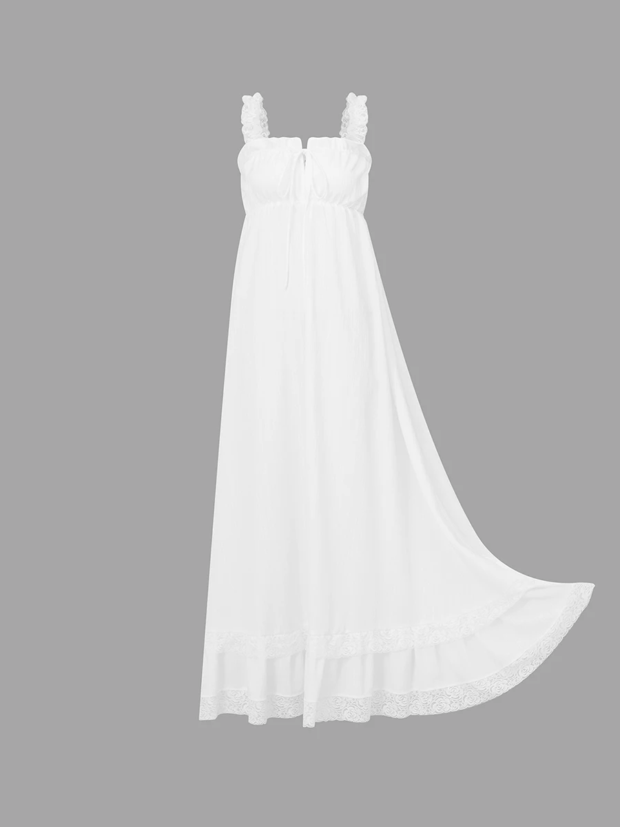 

Women Long Tank Dress Lace Trim Tie-up V Neck Sleeveless Backless Empire Waist Ruffle Dress for Evening Party Club