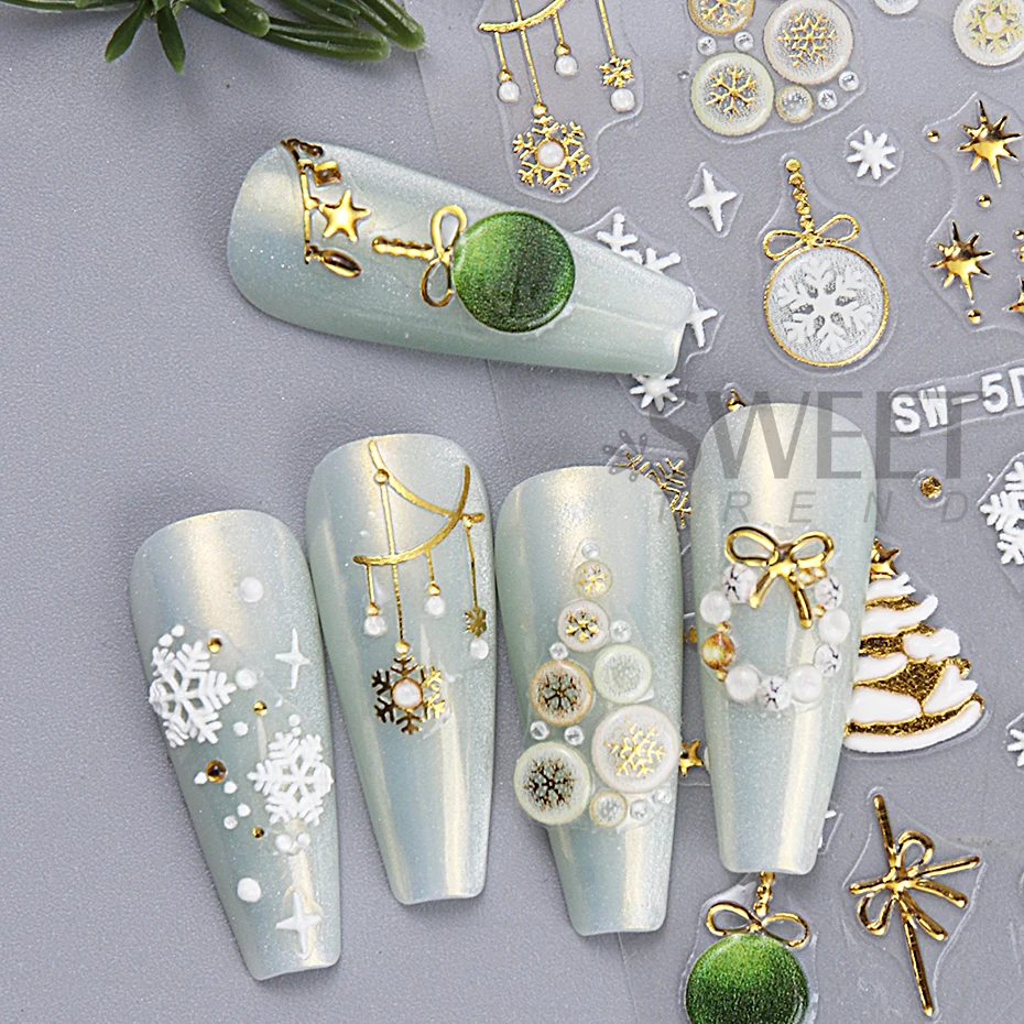 5D Bubbles Pendant Embossed Christmas Nail Art Stickers Xmas Tree Snowflakes Self Adhesive Decals  Sliders Winter Manicure Decor