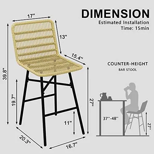 Taburetes de mimbre de tejido Natural para mostrador, silla de comedor, patas de Metal, 4, 27 pulgadas