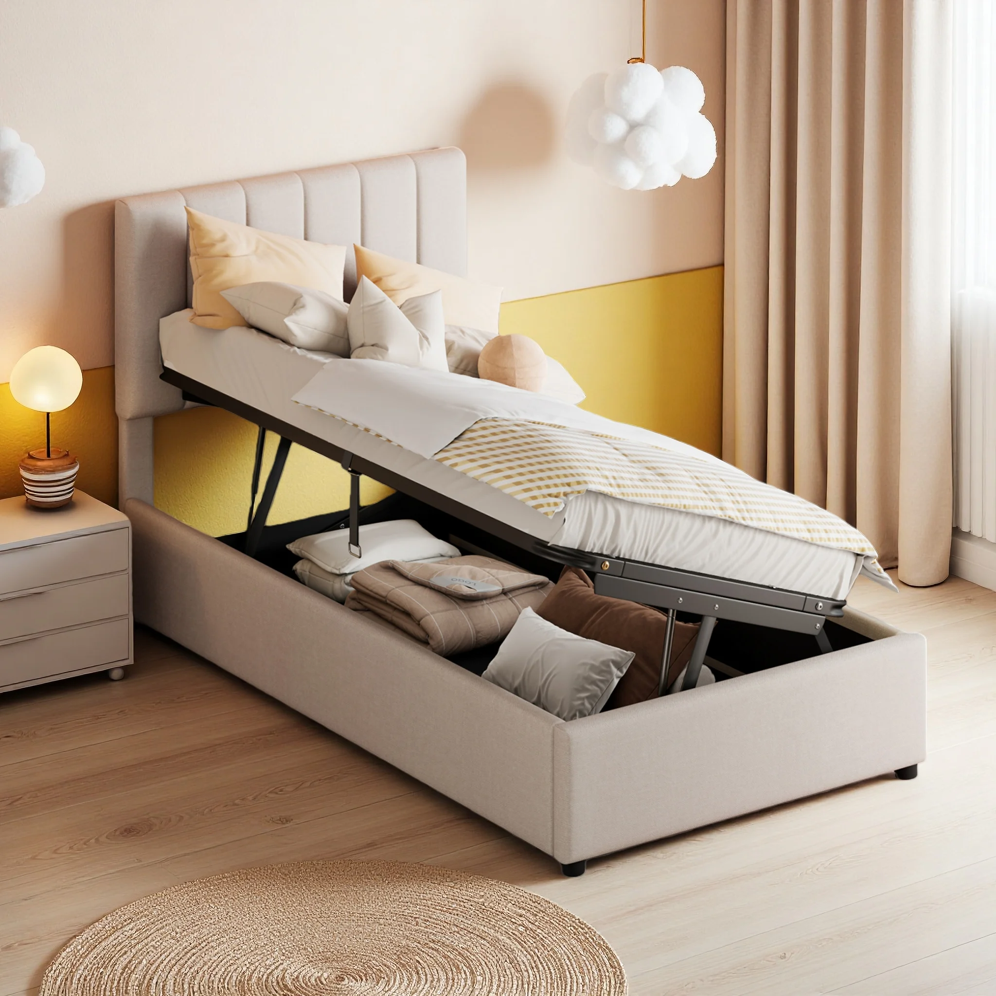 Lit enfant 90x200cm, lit rembourré avec tiroirs, lit simple à lattes, pour garçons et filles, matelas non inclus