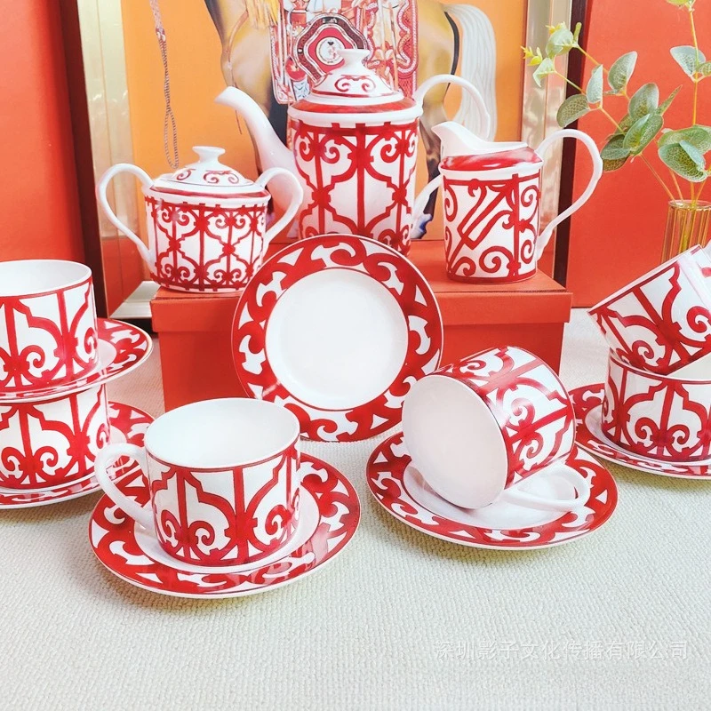 

European - Style Chinese Red Bone China Coffee Set Teapot Cup and Saucer Set Elegant Ceramic Tableware for Wedding Gifts