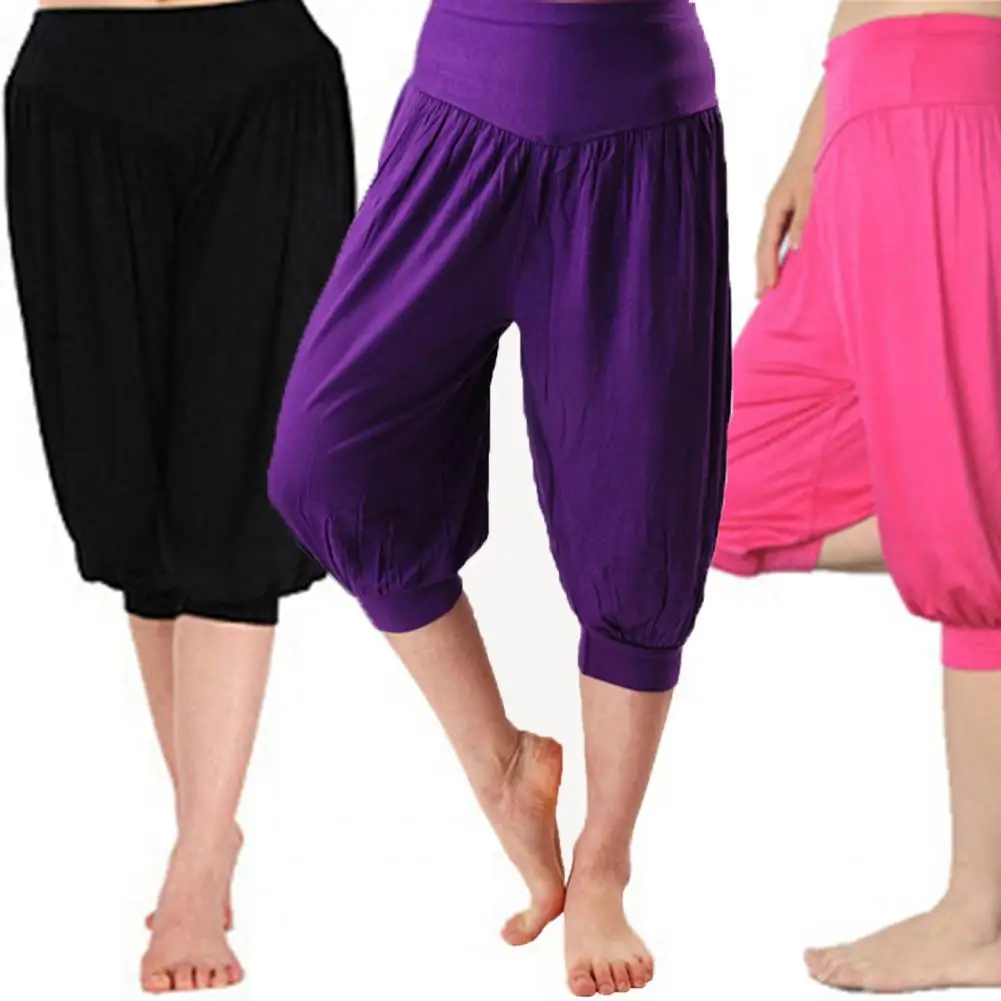 

Women Summer Modal Yoga Cropped Pants Solid Color Wide Elastic Waistband Dance Performance Wide Leg Trousers Gypsy Pants