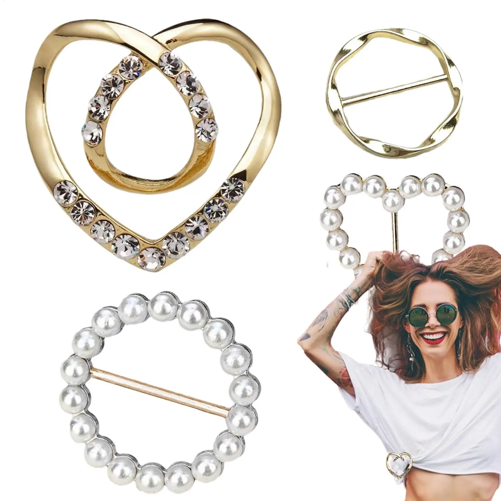 4pcs Metal Ring Waist Button Scarf Button Girl Fashion Corner Hem Waist Knotted Brooches Women T-shirt Fixed Buckle Decoration