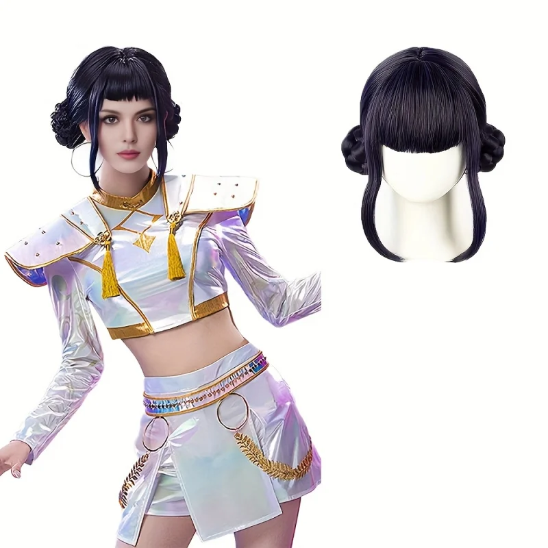 K-Pop Perücke Damen Schwarz Lila Mit Pony Doppel Ball Perücke Anime Rollenspiel Perücke Cosplay Synthetische Perücken Für Party