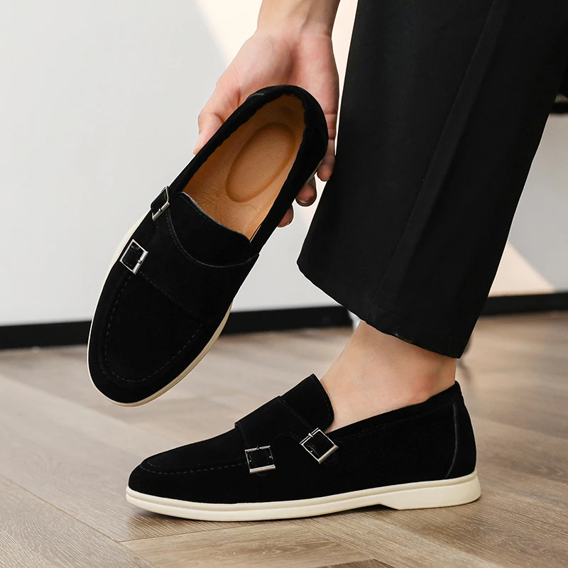 Double Buckle Men Formal Shoes Solid Color Anti Suede Fashionable Simple Versatile Daily Youth Casual Shoes