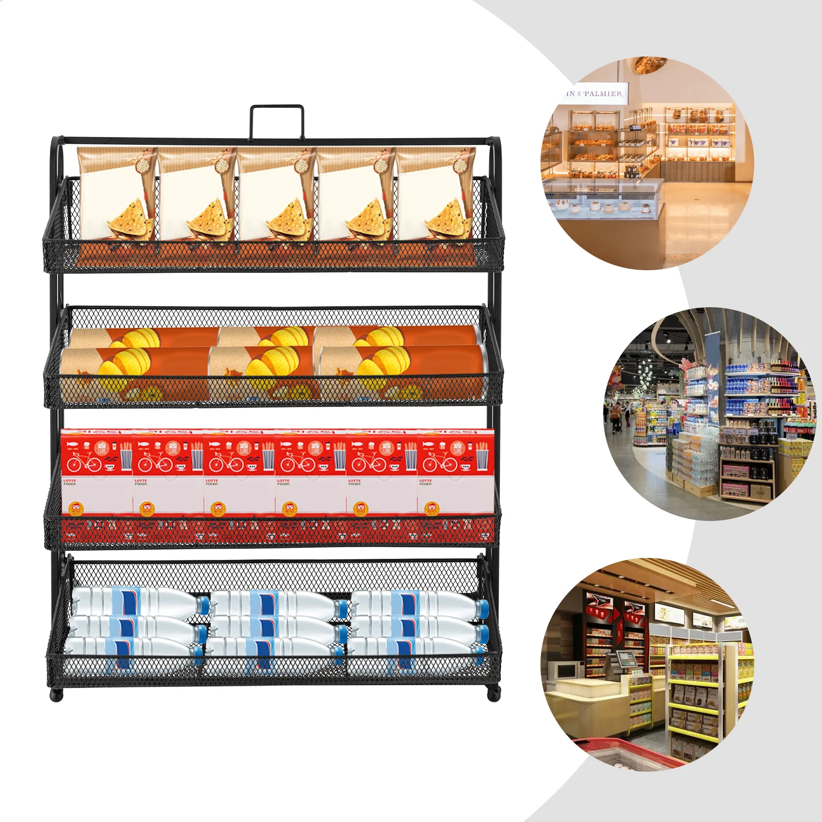 4 طبقات التجزئة الحلوى رف شاشة وجبة خفيفة المنظم كونترتوب وجبة خفيفة الجرف الحديد الأسود الحديثة مستطيلة الطلاء رش أنبوب الصلبة