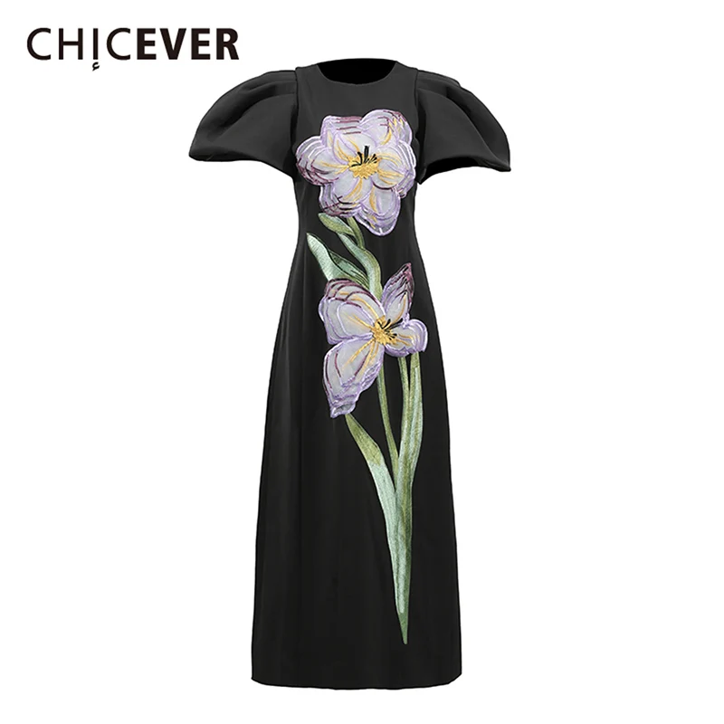 

CHICEVER Evening Luxury Slimming Dresses for Women Round Neck Puff Sleeve High Waist Spliced Appliques Mid Foesta Dress Female