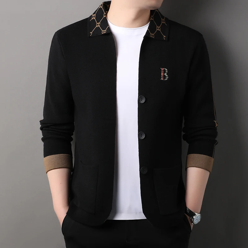 

Luxury letter embroidery men's button knit cardigan high-end fashion brand comfort pocket casual personality lapel sweater coat
