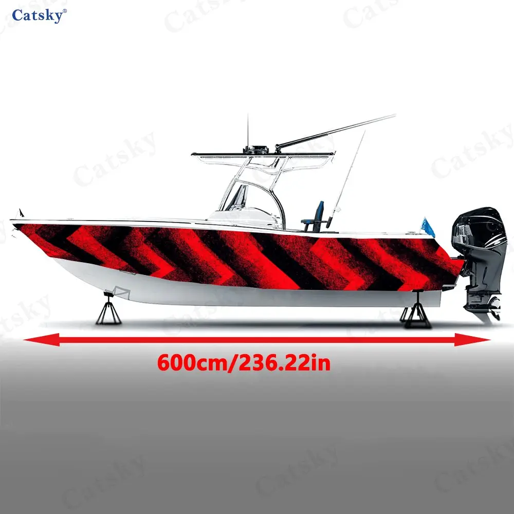 Red-Black Rhythmic Maze Boat Stickers, PVC Waterproof Durable Vinyl Wrap Decals for Fishing Boats, Durable and Stylish Design
