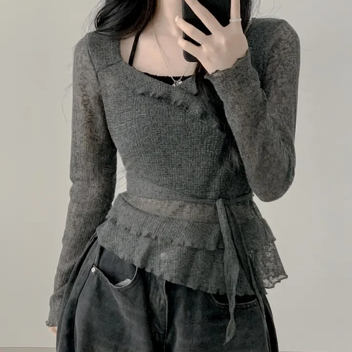 

Корейская элегантная блузка-топ с длинным рукавом и кружевом для женщин, новинка весна-лето