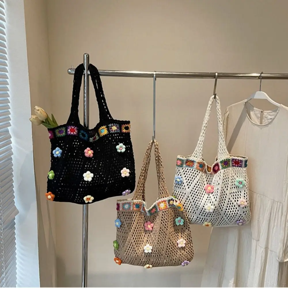 

Hollow Out Crochet Flower Tote Bag Floral Trim Large Capacity Woven Shoulder Bag Handmade Portable Women's Knitted Handbag Beach