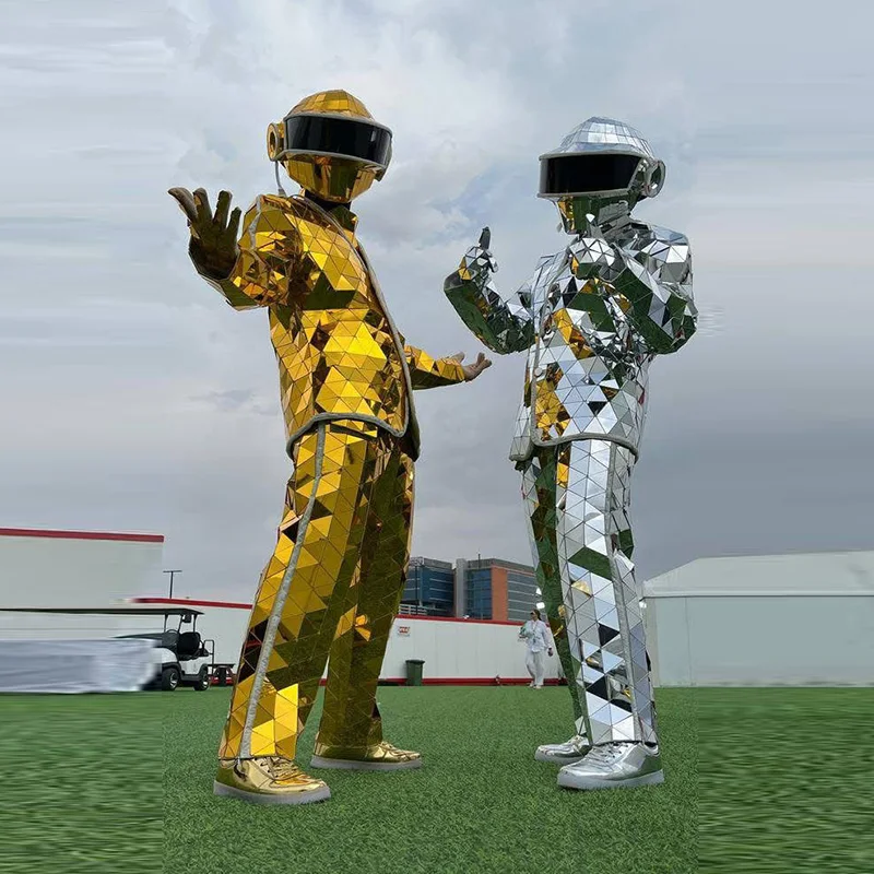 

Серебряное светодиодное зеркало, мужское шоу, сценическое платье, сшитое вручную ходули, маска для выступлений, костюм, стеклянная одежда для косплея, светящиеся костюм