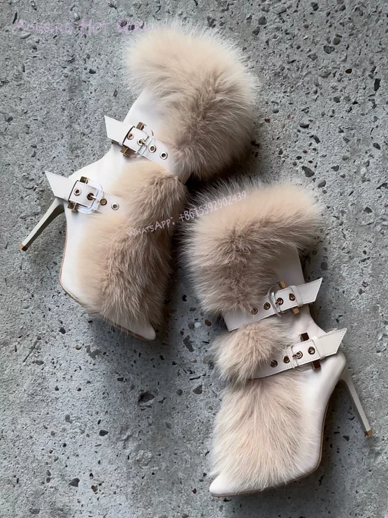 Brown Fur Pointed Toe White Leather Boots Women Striped Belt Buckle Cool Girl Calf Booties Tassel-Tie Cover Casual Zipper Shoes