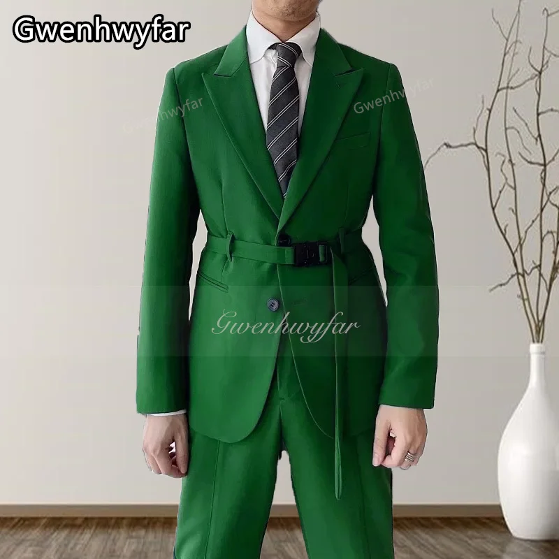 

Gwenhwyfar Men's Suit Green Business Casual Bridegroom Tuxedo Slim Party Summit Collar 2 Pieces Garment Homme With Belt