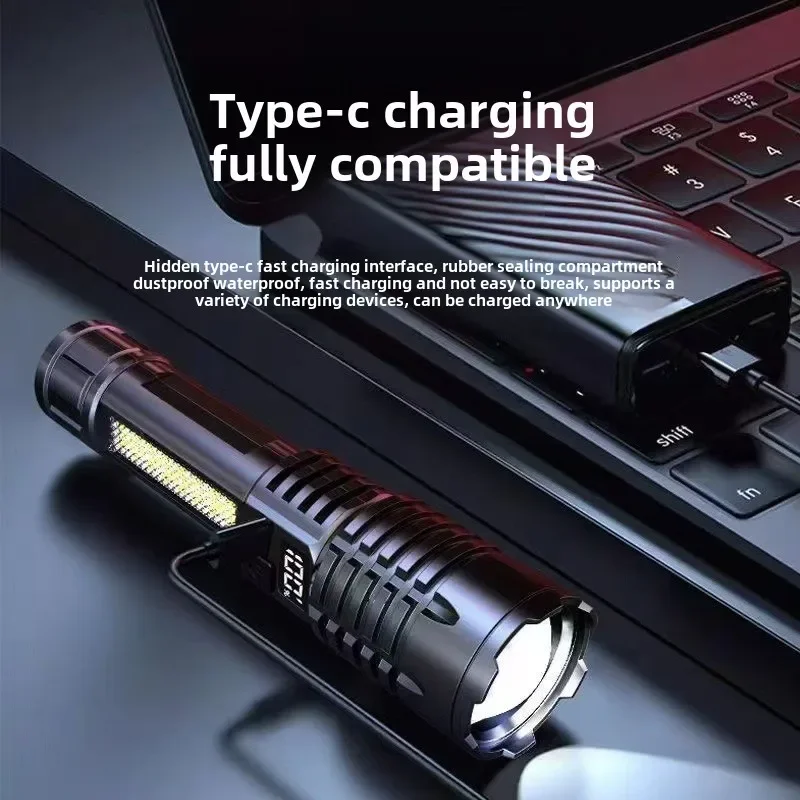 New Strong Light Flashlight USB Charging Ultra Bright Outdoor Long Range Zoom with LED Digital Display Type-C Fast Charging
