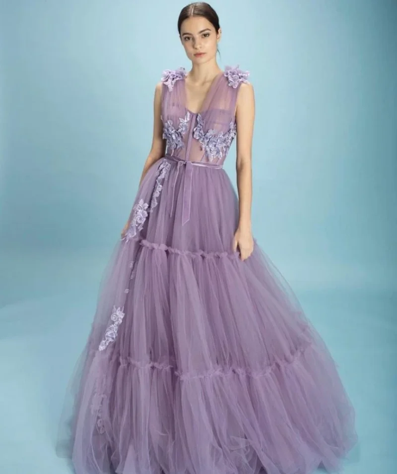 Purple Tulle Prom Dresses V Neck Lace Sleeveless Sequined Decal Beaded A Line Long Floor Length Evening Gown Women Custom made