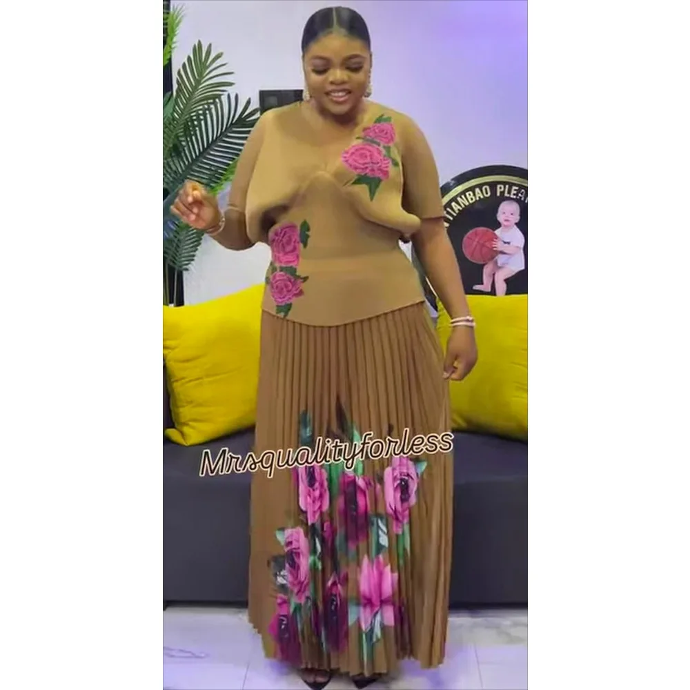 

2025 Autumn New Bat Short-sleeved V-neck Flower Printing Set Temperament Casual Elegance Loose Two-piece Long Dress