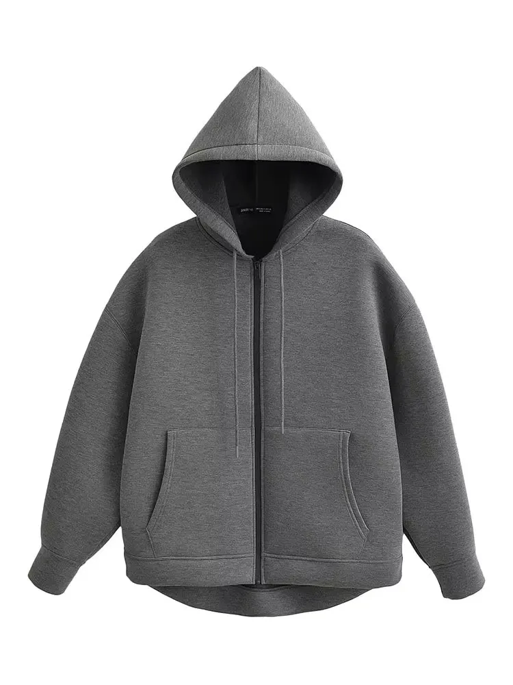 HH Autumn Women Gray Jacket With Hood Long Sleeve Big Pocket Zipper Jacket Coat Woman Loose Casual Outerwear Coat Tops