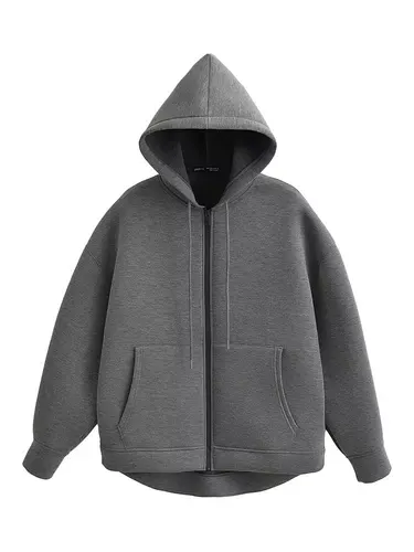 Imagen 2 del producto HH otoño mujer chaqueta gris con capucha de manga larga bolsillo grande chaqueta con cremallera abrigo mujer suelta Casual prendas de vestir exteriores abrigo Tops