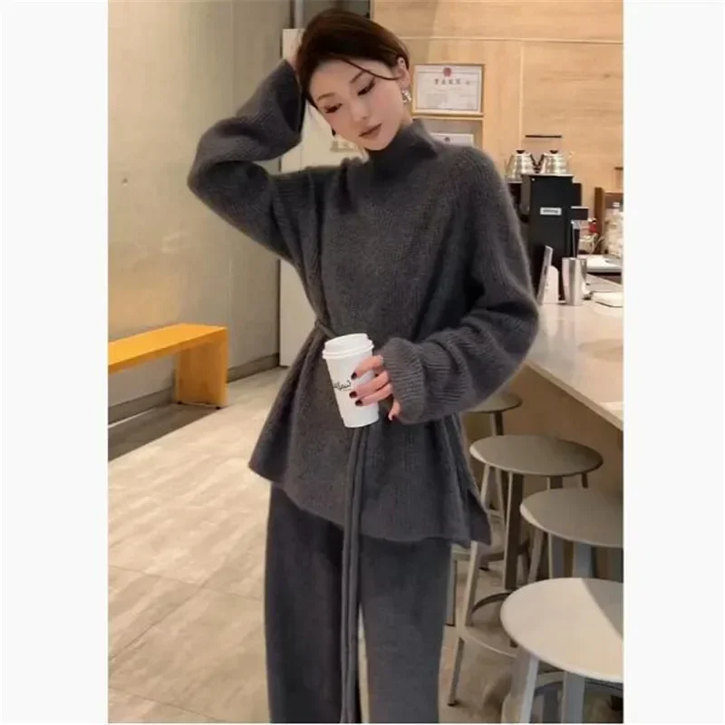 Fall Fashion Grey Two Piece Sets Women Turtleneck Knit Sweater Jumper&High Waist Wide Leg Long Pants Sets Casual 2pc Outfits