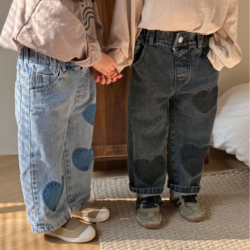 2024 Autumn Kids heart straight jeans Boys soft loose trousers Girls all-match casual denim pants