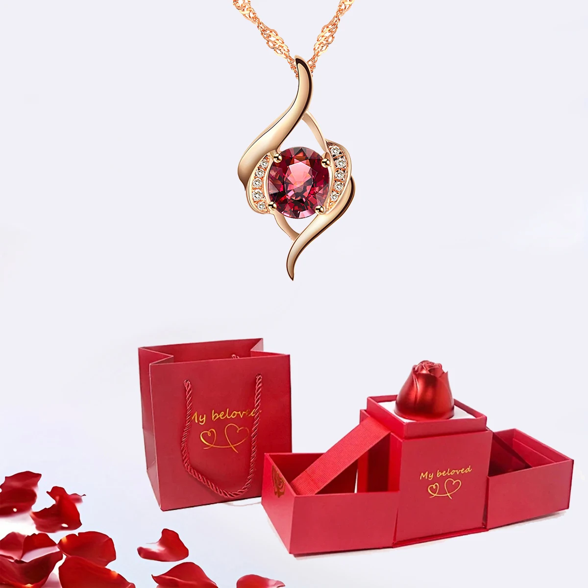 Red Heart Zircon Necklace Pendant With Red Roses Flower Box For Women Mother's Day 2024 New Romantic Jewelry Luxury Gift