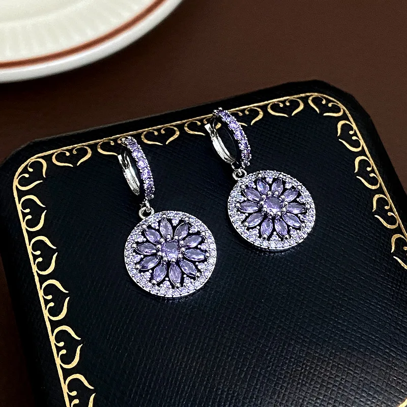 جولة قلادة زهرة هوب أقراط للنساء فضية اللون الوردي الأرجواني الزركون الأذن مشبك الزفاف حفل زفاف مجوهرات متعددة الاستخدامات #2