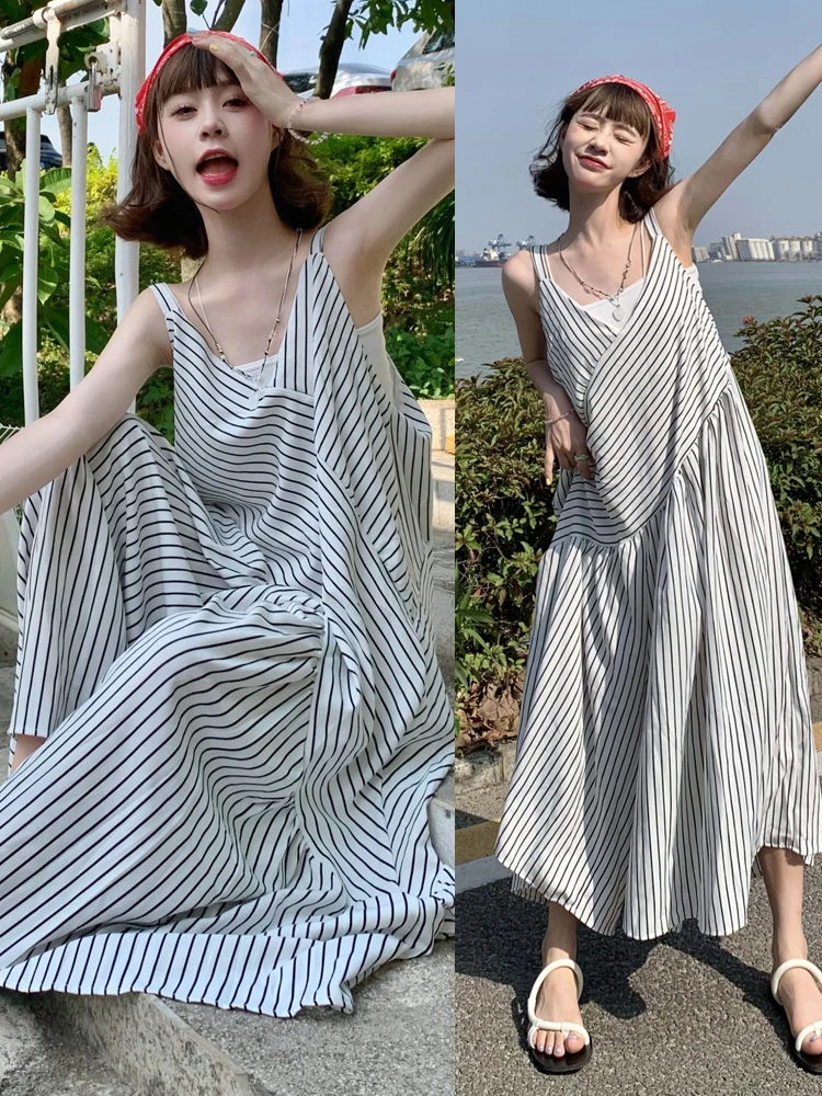 

Повседневный комбинезон оверсайз женский, весна-лето, в полоску, на бретелях, с широкими штанинами, с высокой талией, из полиэстера, не требует глажки, винтажный, для повседневной носки