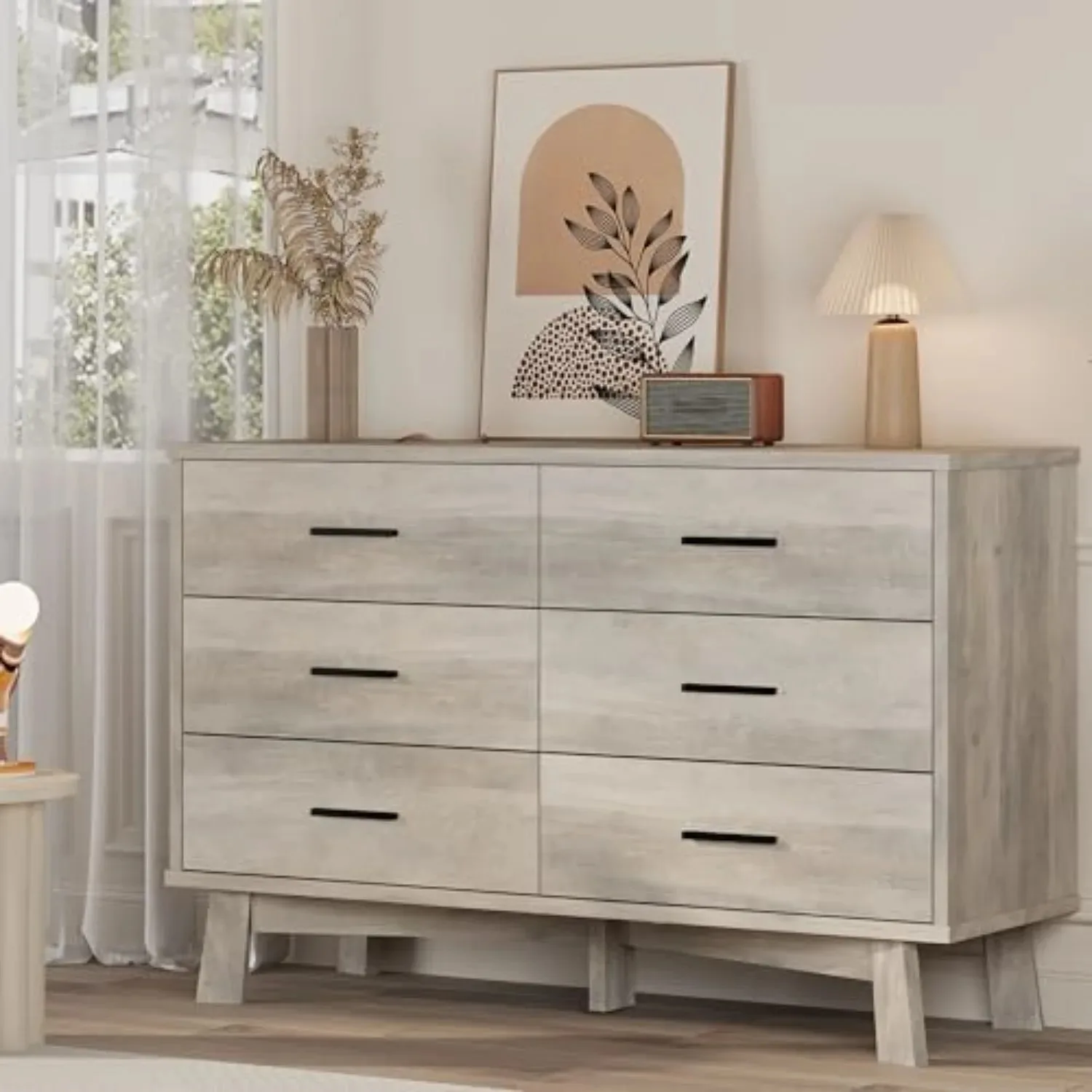Dresser for Bedroom, 6 Drawer Wide Modern Chest of Drawers with X-Shaped Sturdy Base, Wood Double Dresser Closet