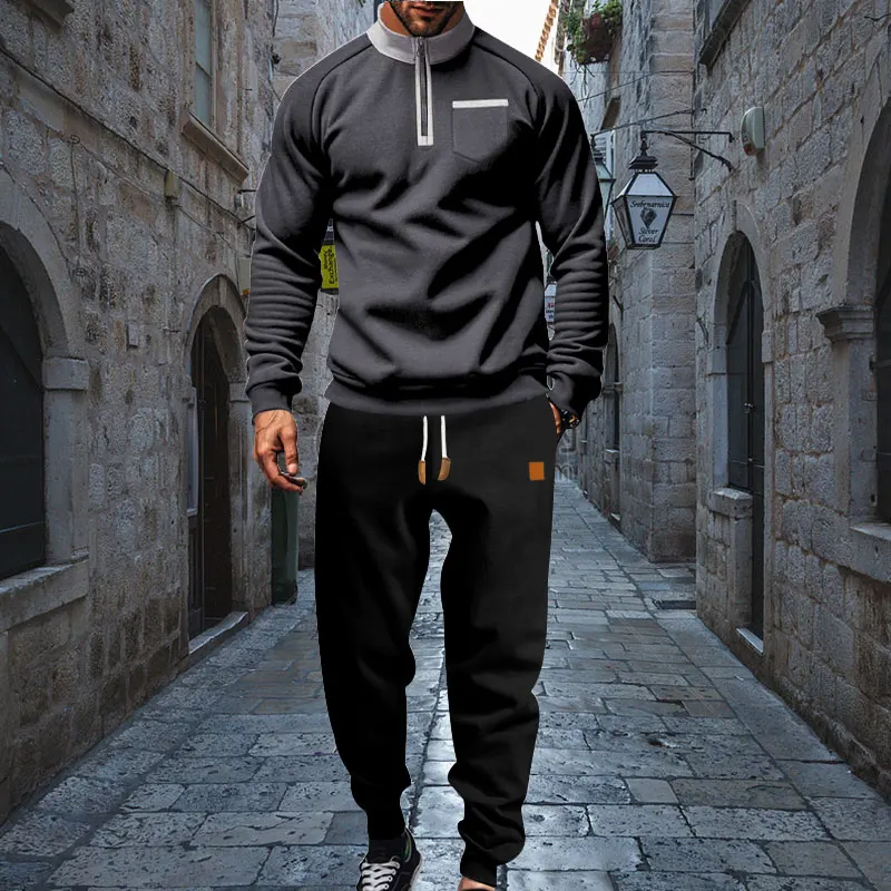 Herfst En Winter Kasjmier Herenpak Outdoor Casual Herenkleding Bijpassende Kleur Rits Opstaande Kraag Hoodie En Sweatpant Pak