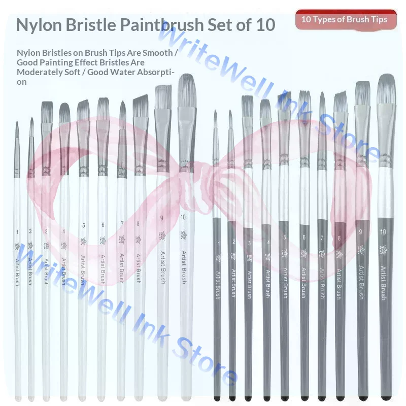 Set Of 10 Professional Paint Brushes Flat Round Pointed Nylon Hair For Acrylic Oil Watercolor Art Painting Drawing
