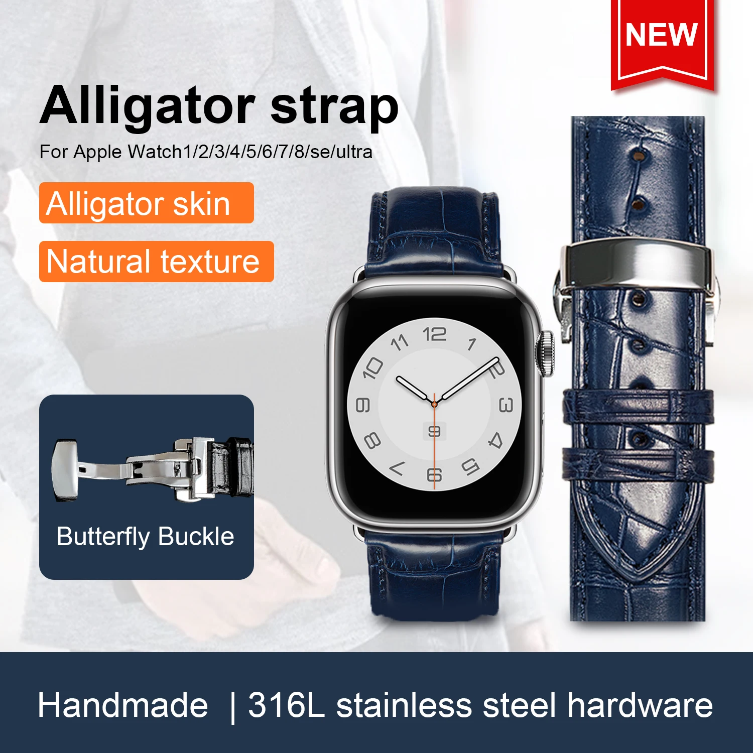 JINCOR For Apple Watch Series 10 9 8 7 6 Butterfly Strap Genuine Alligator Leather Band Wristwatch Straps Iwatch Ultra 49mm 46mm