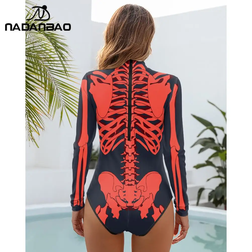 NADANBAO Halloween Cosplay Costumes Women Girls Sexy Summer Swimsuit Female Bodysuit Skeleton Printed Party Swimwear