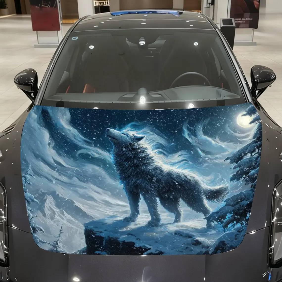 

Trend of Wolf Howling in Snowy Land Car Vinyl Wrap, PVC Material Waterproof Car Hood Sticker, Self-Adhesive Scratch-Resistant St
