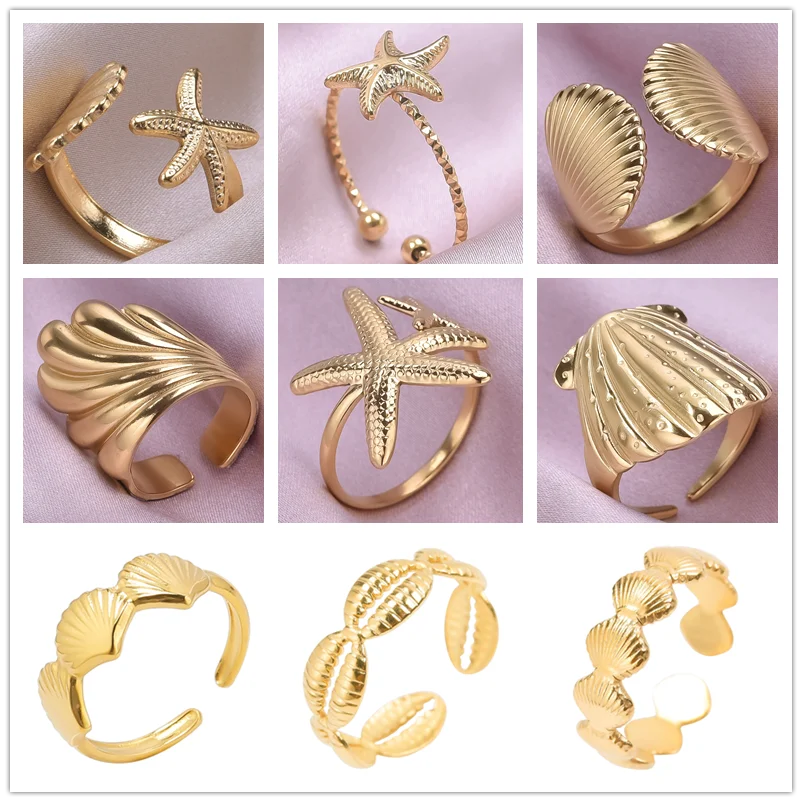 1/2pcs Mix Marine Animal Ring Starfish Shell Stainless Steel Rings For Women Men Accessories Fashion Jewelry Finger Bagues Femme